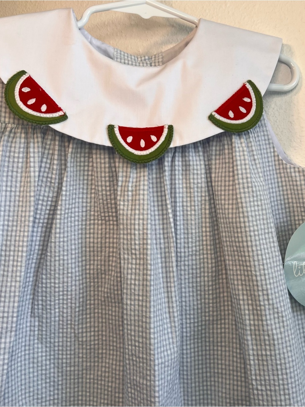 NWT Little English Blue Seersucker Dress with Watermelon Collar - Picture 2 of 7